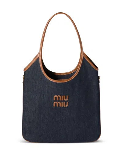Miu Miu Ivy Leather-trimmed Denim Shoulder Bag In Blue