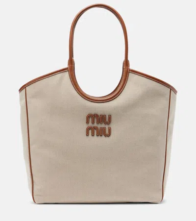 Miu Miu Ivy Leather-trimmed Canvas Tote Bag In Sand