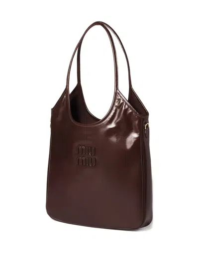 Miu Miu Ivy Logo Leather-lettering Tote Bag In Brown