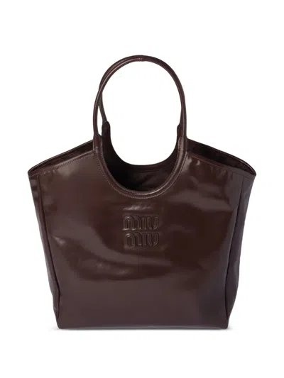 Miu Miu Ivy Logo Leather-lettering Tote Bag In Brown