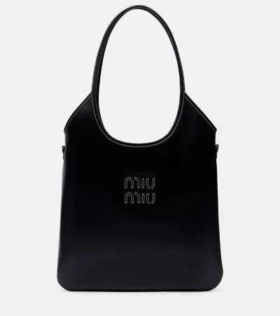 Miu Miu Ivy Logo Leather Shoulder Bag In Black