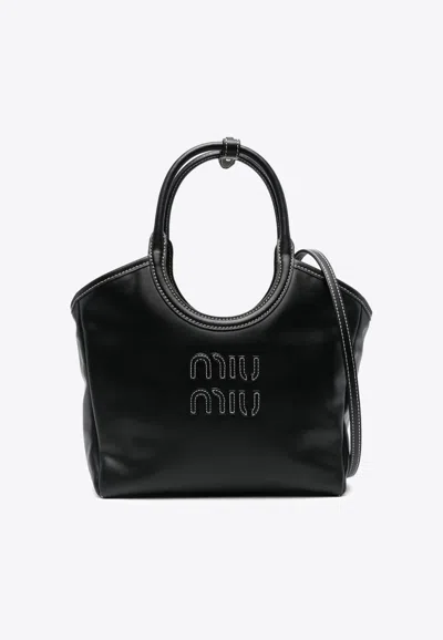 Miu Miu Ivy Logo-patch Calf Leather Tote Bag In Black