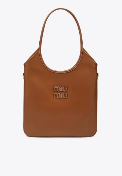 Miu Miu Ivy Logo Patch Leather Shoulder Bag In Brown