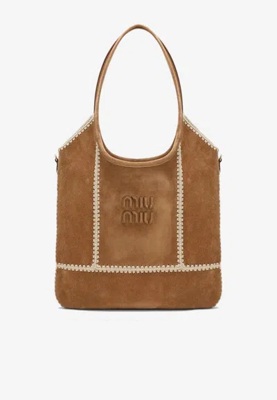 Miu Miu Ivy Logo Suede Tote Bag In Brown