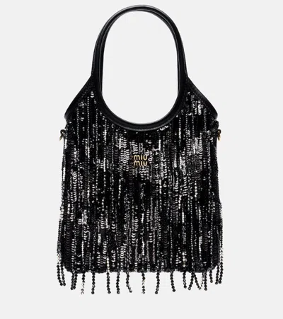 Miu Miu Ivy Medium Embellished Satin Tote Bag In Black