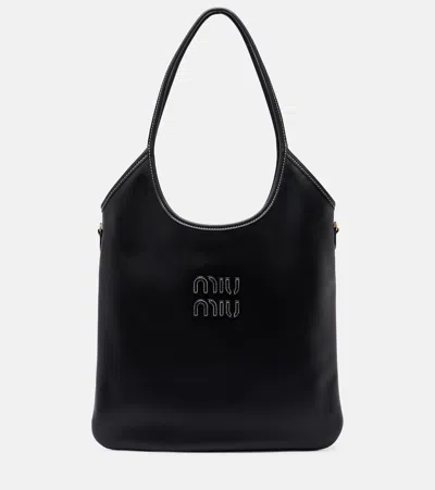 Miu Miu Ivy Medium Leather Shopper In Black