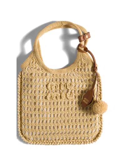 Miu Miu Ivy Raffia Crochet Handbag In Neutral