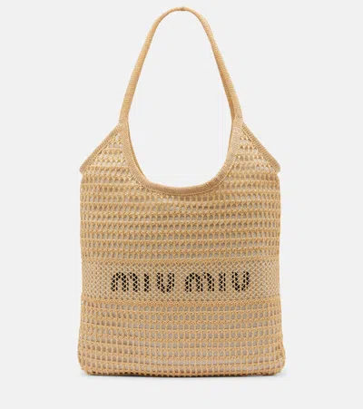 Miu Miu Ivy Raffia-effect And Linen Shopper In Sand