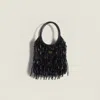 Miu Miu Ivy Satin Handbag With Crystal And Sequin Fringe In Black