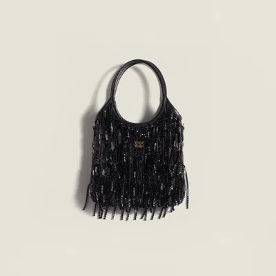 Miu Miu Ivy Satin Handbag With Crystal And Sequin Fringe In Black