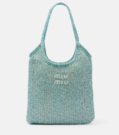 Miu Miu Ivy Sequined Mesh Tote Bag In Blue