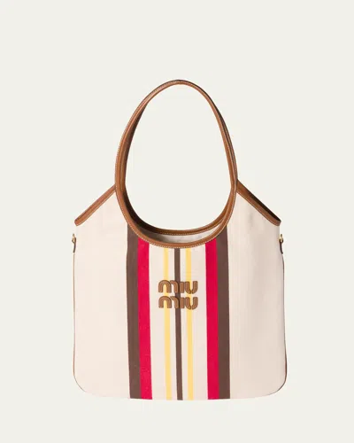 Miu Miu Ivy Striped Leather-trim Canvas Tote Bag