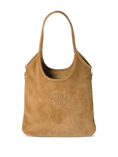 Miu Miu Ivy Suede Logo-detail Shoulder Bag In Brown