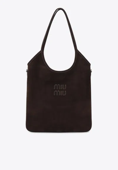 Miu Miu Ivy Suede Tote Bag In Brown