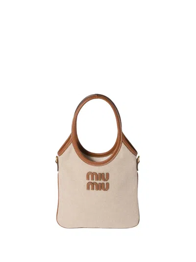 Miu Miu Ivy Canvas And Leather Bag In Nude