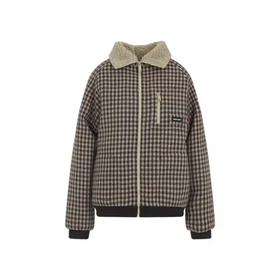 Miu Miu Checkered Long Sleeve Jacket With Shearling Collar In Brown