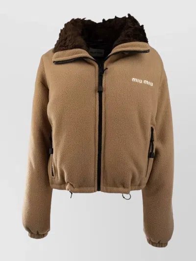 Miu Miu Jacket Elasticated Cuffs Faux Fur Collar Pockets In Brown