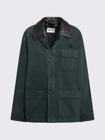 Miu Miu Denim Jacket Long Sleeves Chest And Front Pockets In Green