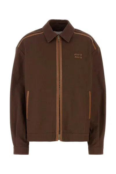 Miu Miu Cotton Jacket With Front Pockets And Contrast Piping In Brown