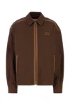 Miu Miu Cotton Jacket With Front Pockets And Contrast Piping In Brown