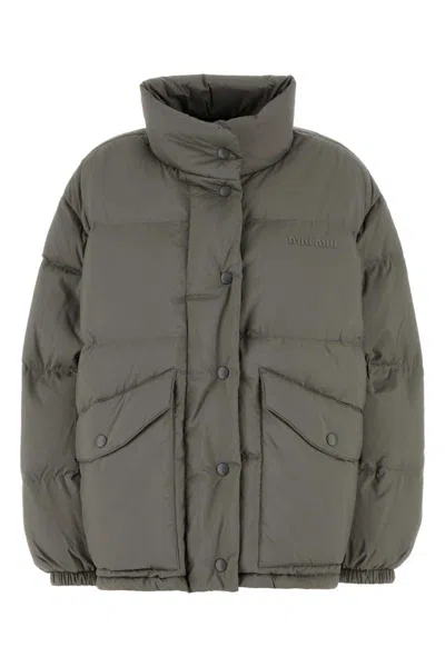 Miu Miu High Collar Polyester Down Jacket In Gray