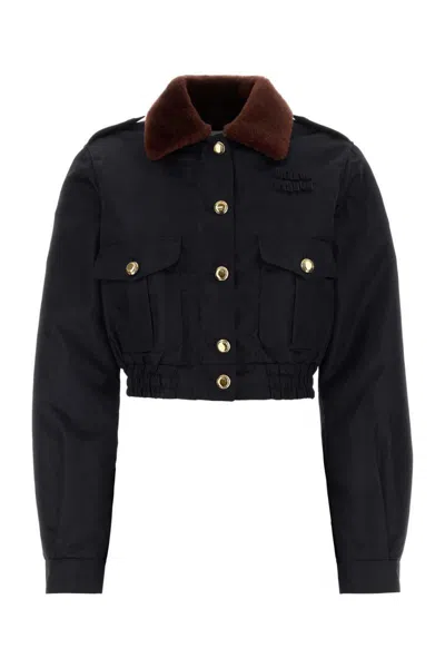 Miu Miu Nylon Jacket With Faux Fur Collar In Black