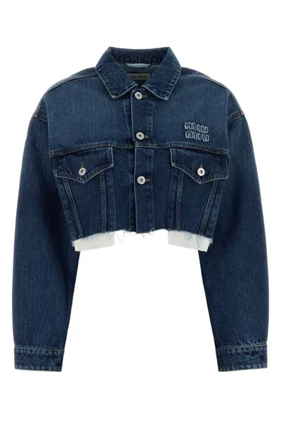 Miu Miu Logo Patch Cropped Denim Jackets In Blue