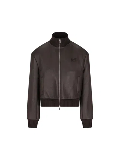 Miu Miu Long-sleeved Leather Jacket In Brown