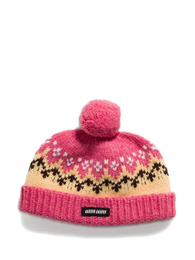 Miu Miu Knit Hat Bobble Detail Ribbed Hem In Pink