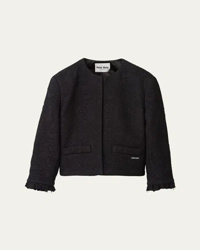 Miu Miu Jacquard Matelasse Boxy Cropped Jacket In Nero