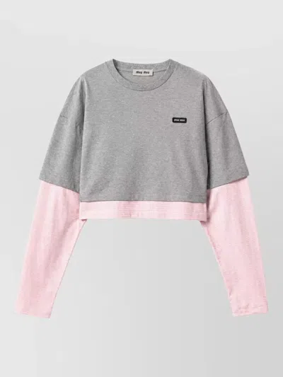 Miu Miu Jersey Cropped Long Sleeve Layered Top In Multi