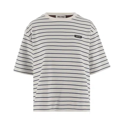 Pre-owned Miu Miu Jersey Double Girocollo Shirt 'white/blue/cacao' | Women's Size 38