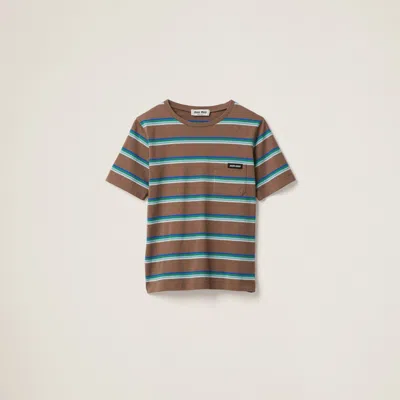 Miu Miu Logo-patch Striped T-shirt In Brown