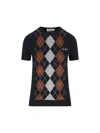 Miu Miu Cashmere Argyle Short-sleeve Sweater In Black