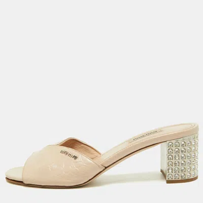 Pre-owned Miu Miu Jewelled Size 39 Pink Croc Embossed Leather Crystal Embellished Block Heel Slide Sandals