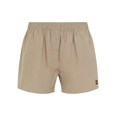 Miu Miu Khaki Cotton Shorts With Embroidered Logo