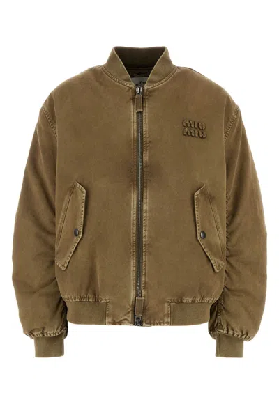 Miu Miu Khaki Gabardine Bomber Jacket In Brown