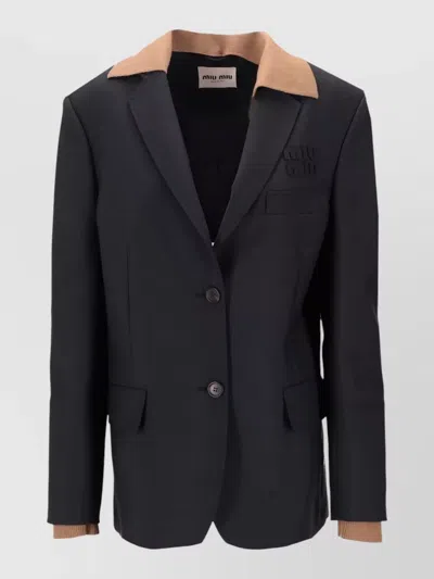 Miu Miu Kid Mohair Jacket Contrasting Collar Buttons In Black