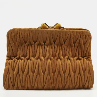 Pre-owned Miu Miu Kisslock Frame Brown Matelassé Suede Clutch