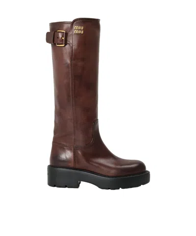 Miu Miu Kneehigh Leather Boot In Red
