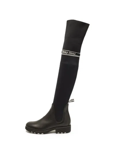 Pre-owned Miu Miu Knit Leather Boots In Black