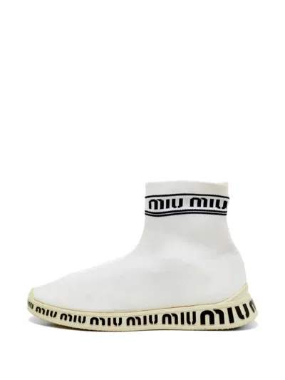 Pre-owned Miu Miu Knit Sock Sneakers In White