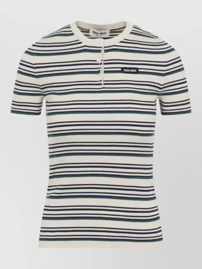 Miu Miu Knit Top Crew Neck Short Sleeves Buttons In Neutral