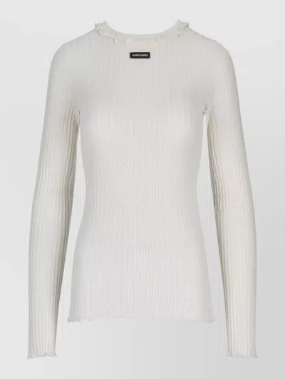 Miu Miu Long Sleeve Knit Top Ribbed Frilled Neckline In White