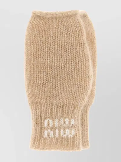 Miu Miu Knitted Fingerless Gloves Ribbed Cuff In Brown