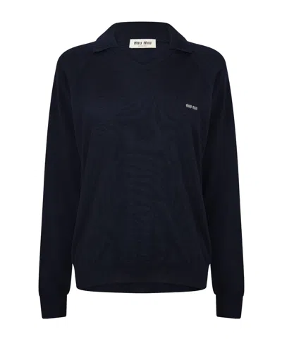 Miu Miu Knitted Long Sleeve Polo Shirt In Black