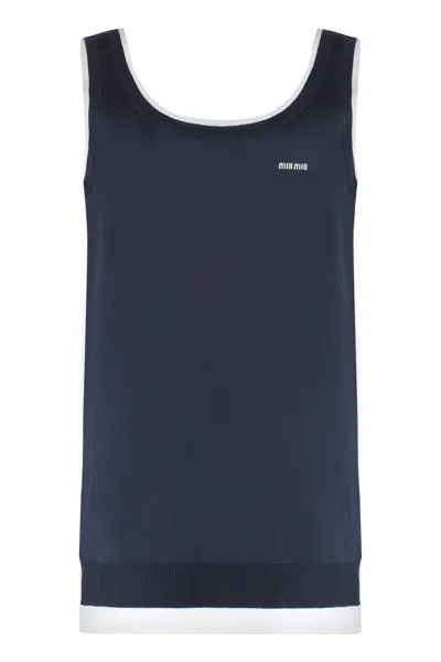 Miu Miu Knitted Silk Mini Dress In Blue