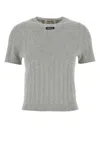 Miu Miu Cotton Crew Neck Sweater With Ribbed Texture In Gray