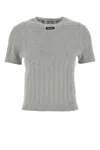 Miu Miu Cotton Crew Neck Sweater With Ribbed Texture In Gray