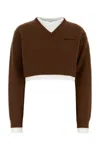 Miu Miu Long Sleeve Cropped Sweater In Brown